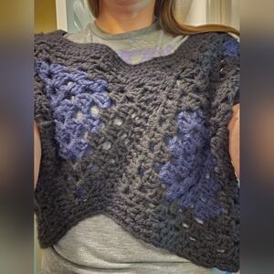 Handmade Italian Black & Blue Knit/ Crochet Asymmetrical Granny Shoulder Shrug